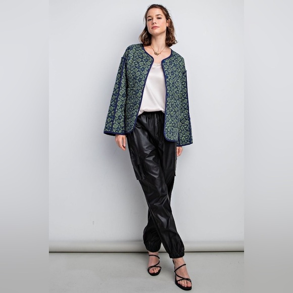 156. EASEL 🛑 COST green quilted oversize floral flower coat jacket green Spring - Picture 5 of 5